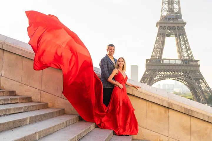 Parisian Dream: Elevate Your Photoshoot with a Flying Dress by the Eiffel Tower